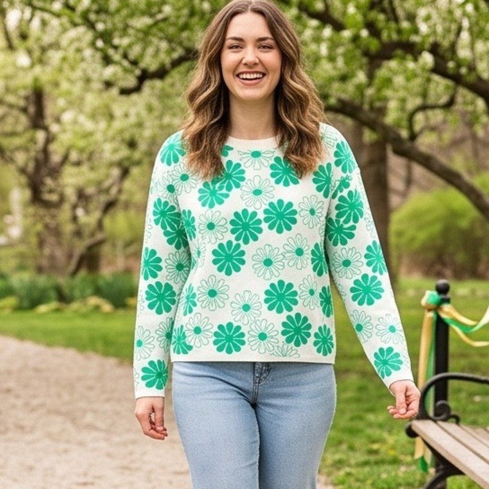 Rachel Zoe L Green White Floral Daisy Knit Sweater Womens Large Crew Neck